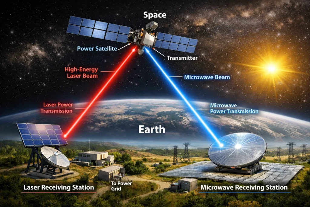 How space solar microwave and laser power transmission works — Meta data center application