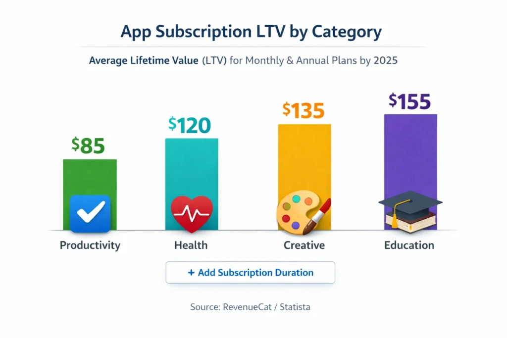 App Store subscription LTV by category for monthly-annual plans 2025