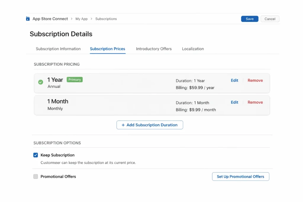 App Store Connect dashboard for configuring monthly-annual subscription plans