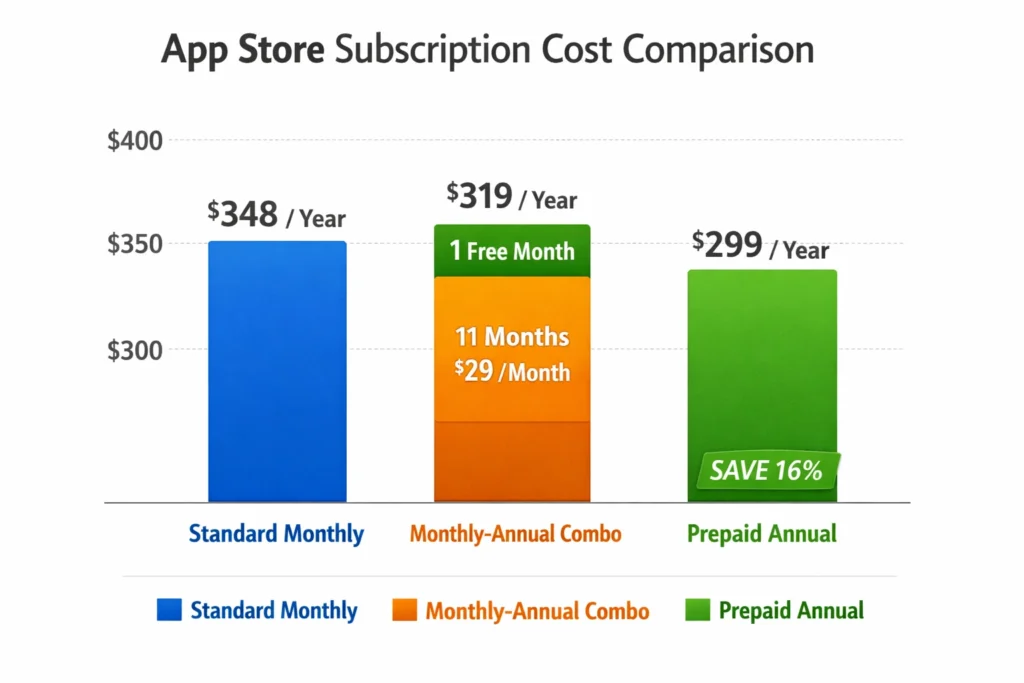 Comparison chart: standard monthly vs monthly-annual vs prepaid annual iOS subscription pricing