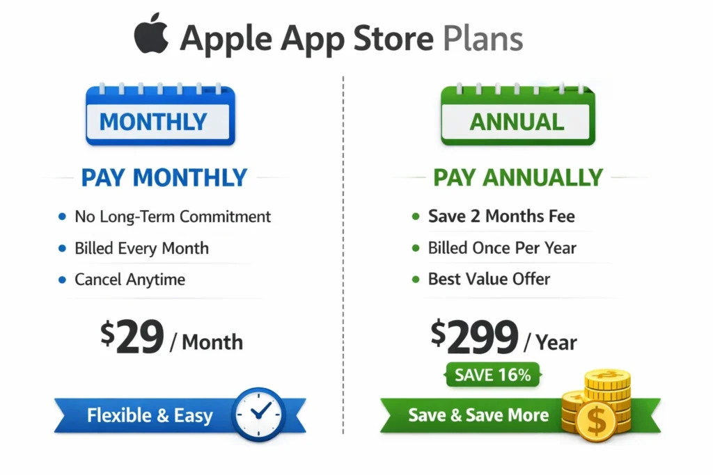 Apple App Store pay monthly annual plans overview infographic