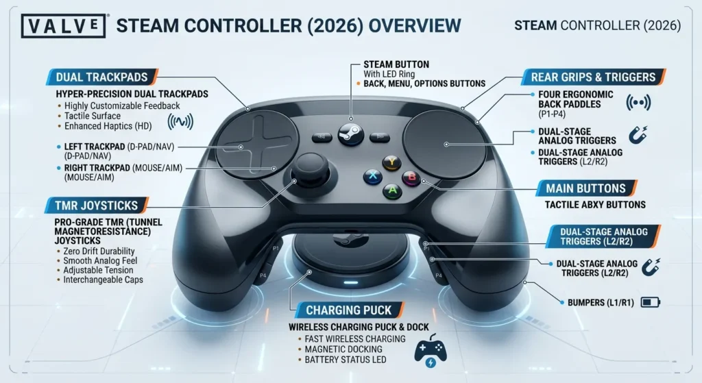 Infographic of the new 2026 Valve Steam Controller featuring magnetic sticks and haptics