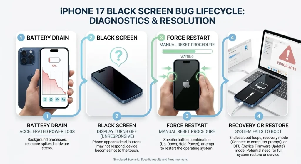iPhone 17 black screen bug overview infographic showing battery drain and recovery steps