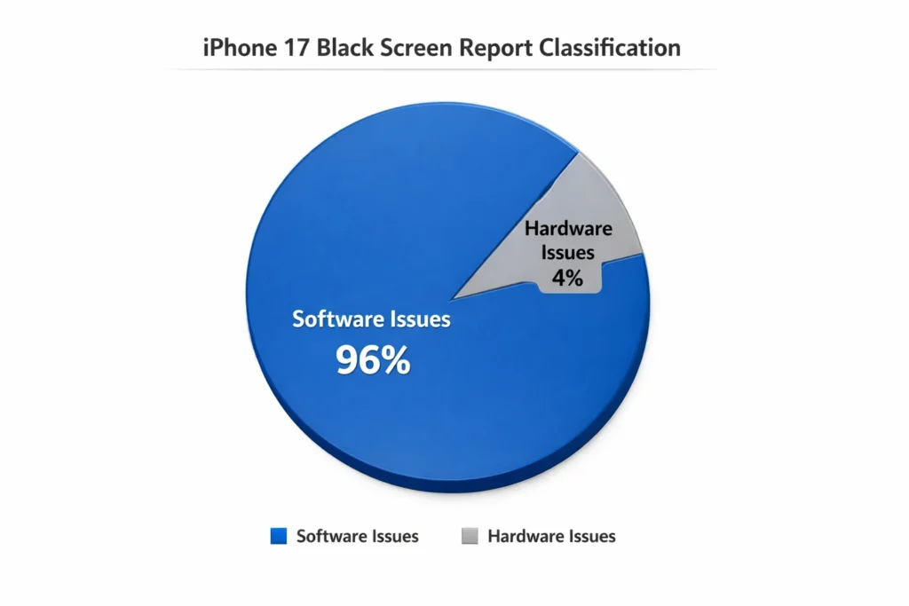Chart showing iPhone 17 black screen bug is 96% software issue not hardware defect