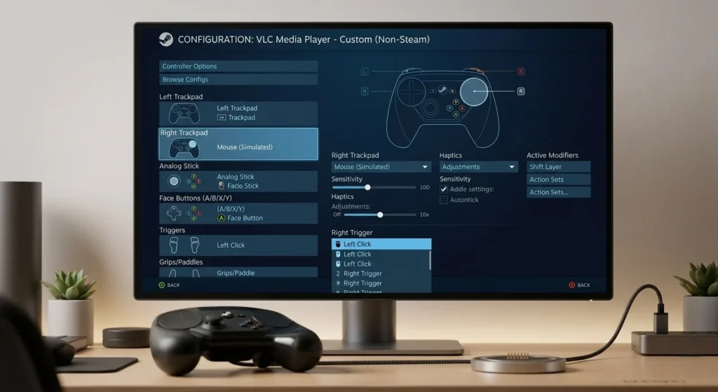 Steam Input settings showing trackpad and gyro mapping for a non-Steam game