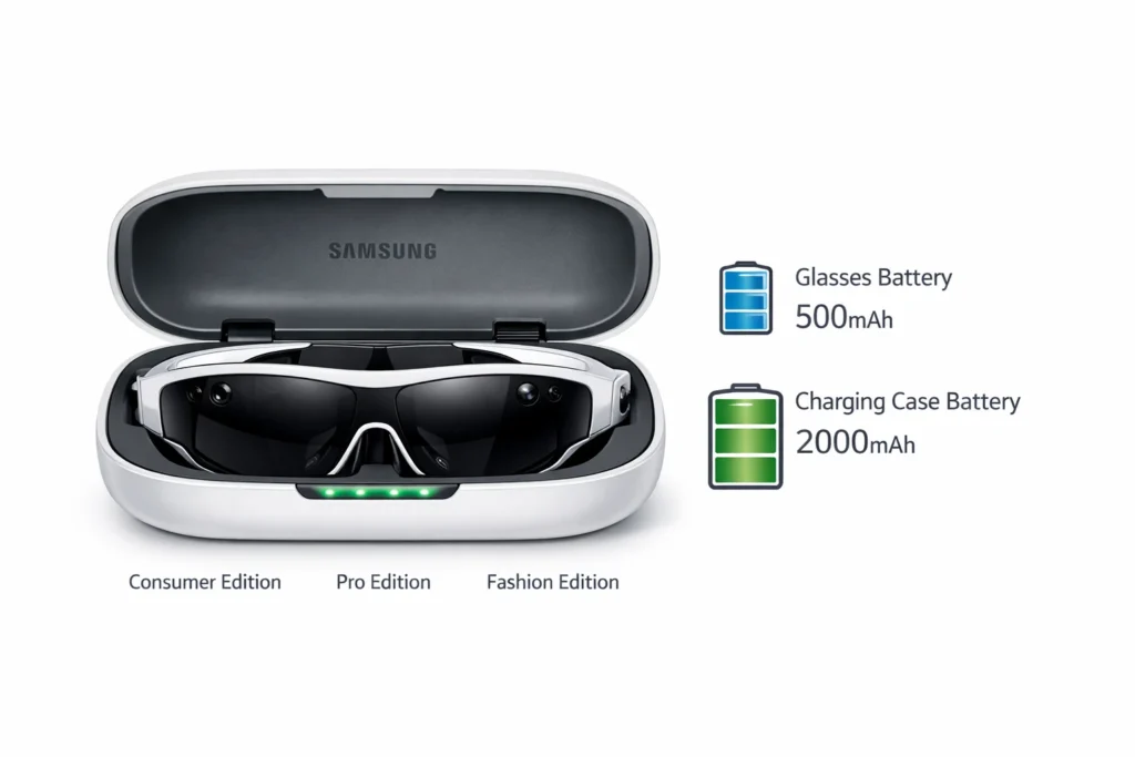 Samsung Galaxy Glasses battery life estimate and magnetic charging case design