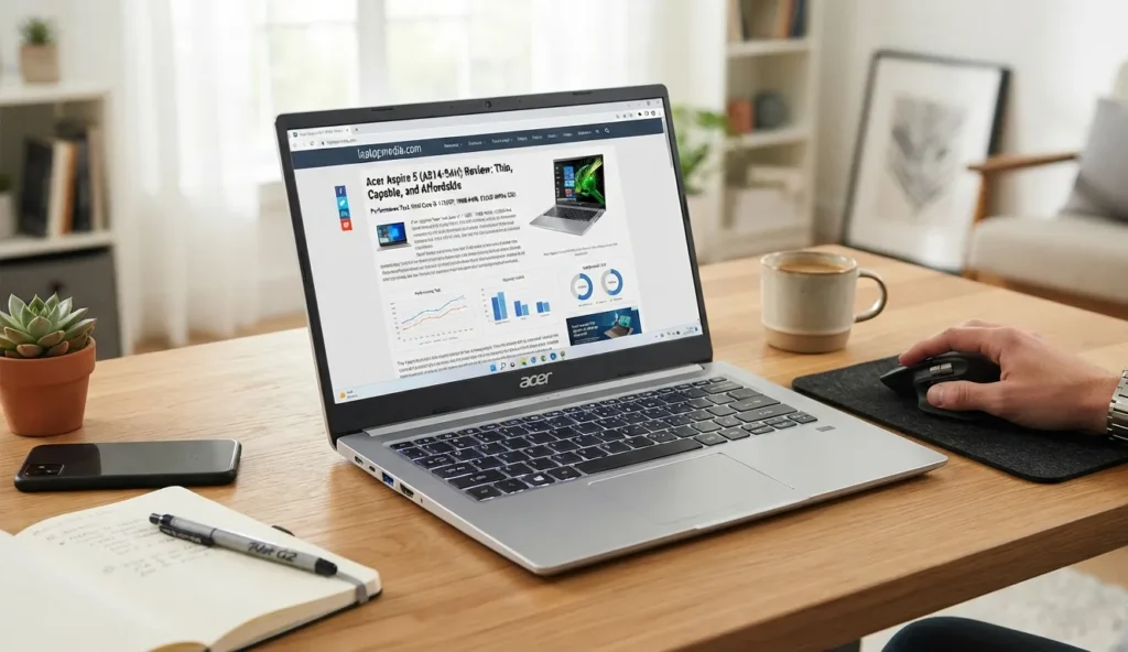 Acer Aspire 5 A514-54H laptop open on a desk.