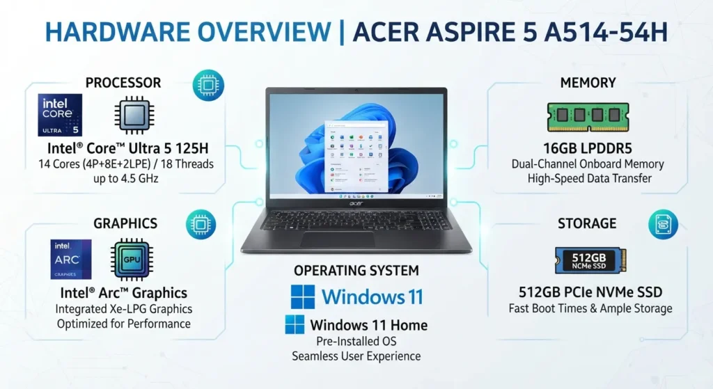 Hardware overview of the Acer Aspire 5 A514-54H.