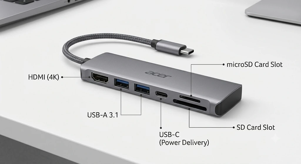 Close-up of Acer ODK360 ports.