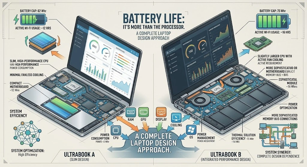 Two AI laptops illustrating differences in battery performance.