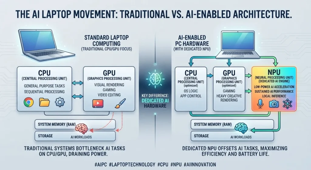 Laptop CPU and NPU AI hardware comparison illustration
