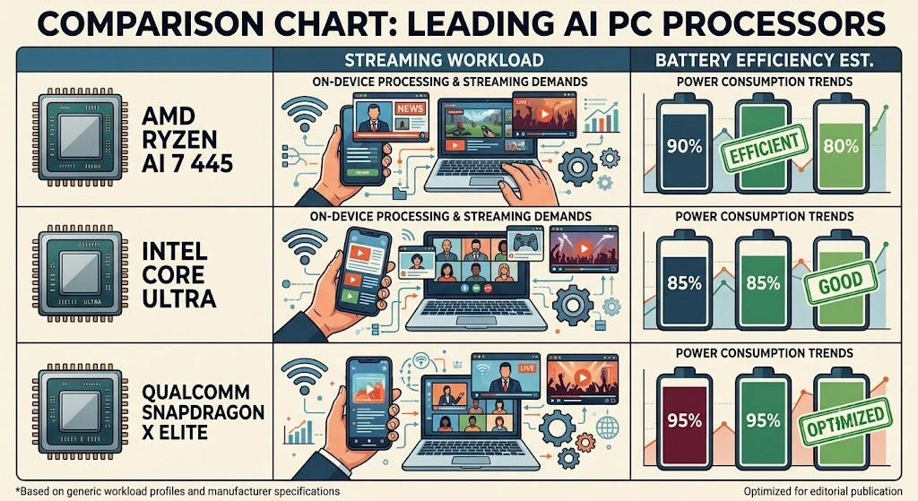 Illustration of AI laptop processor battery comparison.