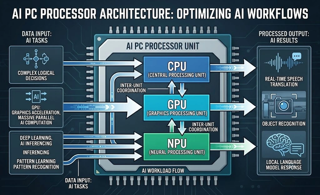 Diagram showing CPU, GPU and NPU inside an AI PC.