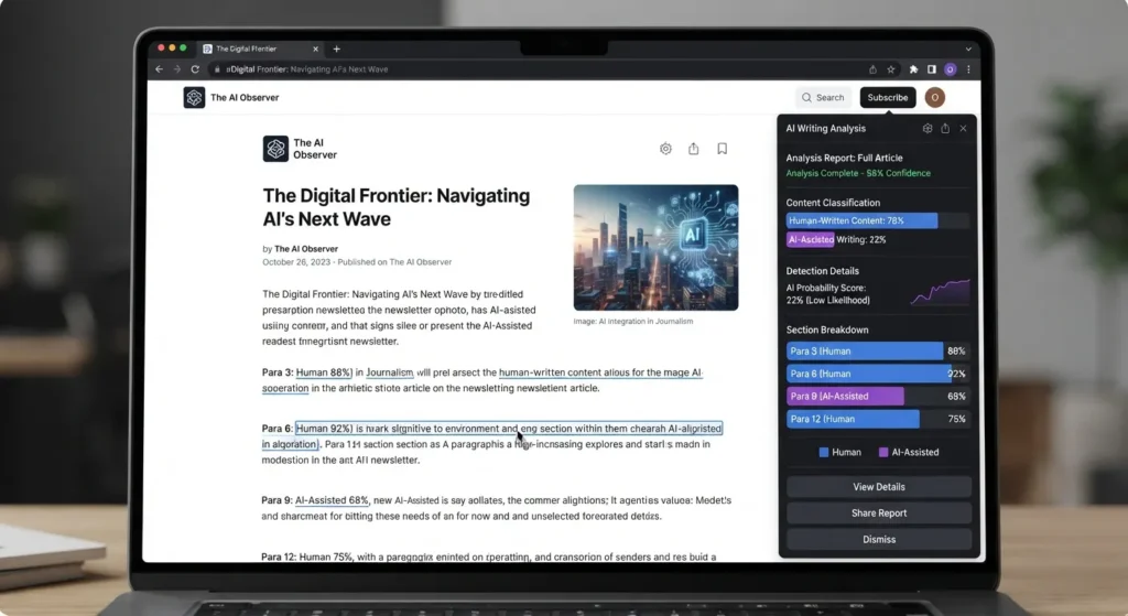Conceptual screenshot of an AI writing analysis interface for newsletters.