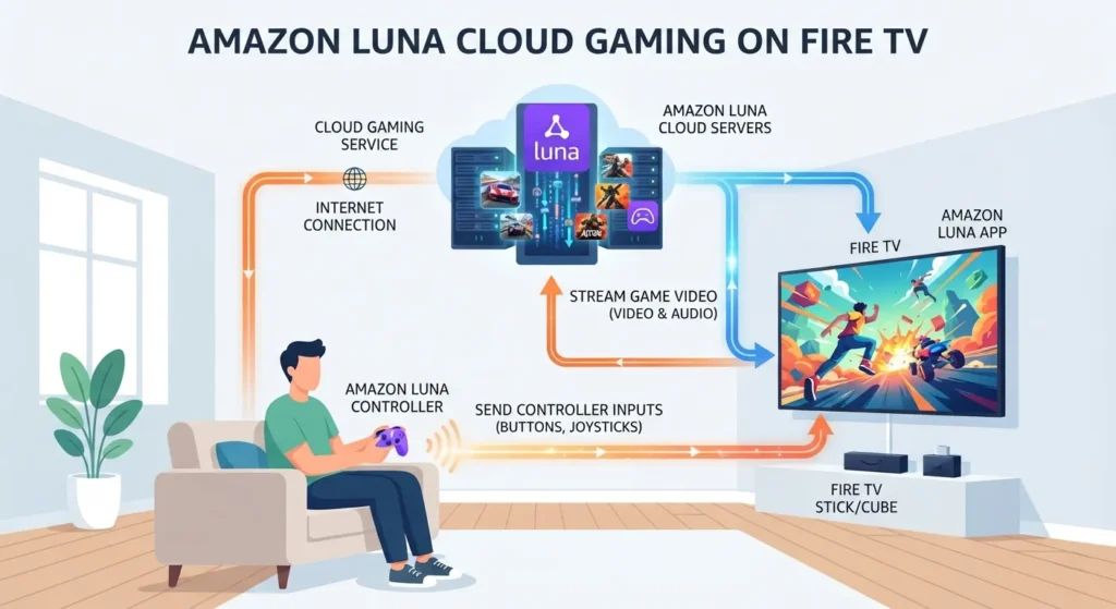 Diagram explaining how Amazon Luna cloud gaming works on Fire TV.