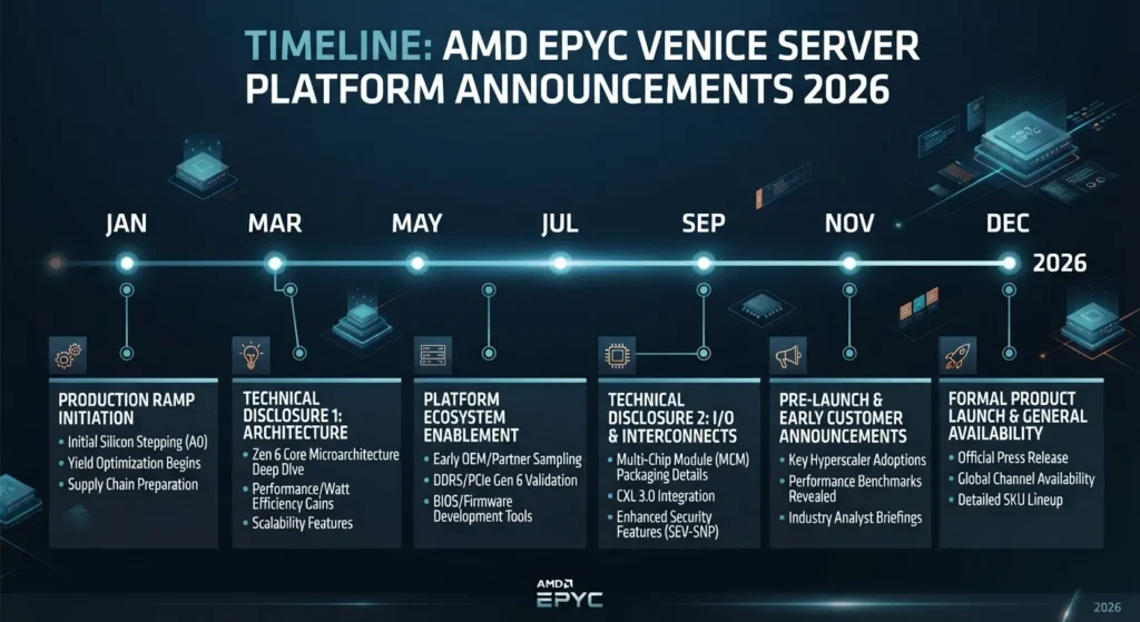 Timeline of AMD EPYC Venice announcements during 2026.