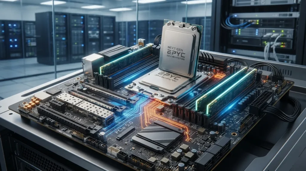 Illustration of AMD EPYC 9006 server processor based on the Zen 6 architecture.