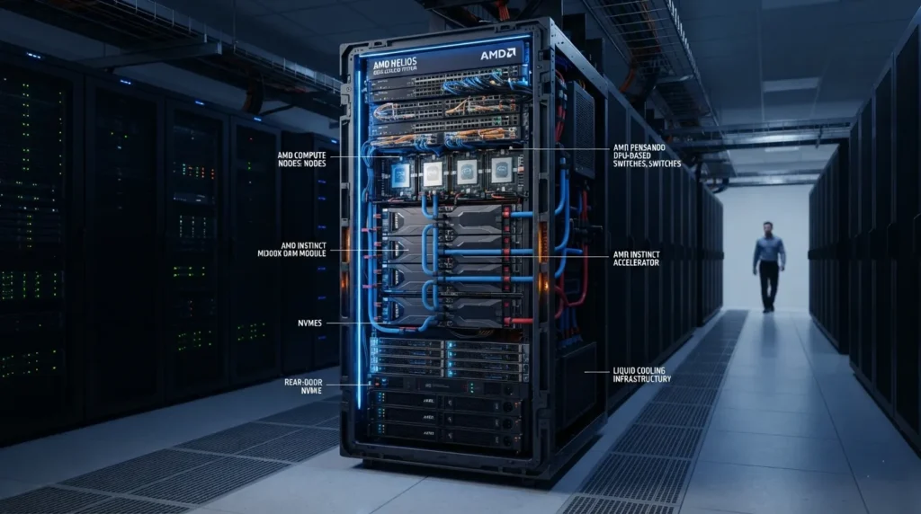 AMD Helios rack-scale AI infrastructure system with GPUs, networking, and computing components.