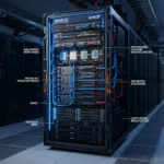 AMD Helios rack-scale AI infrastructure system with GPUs, networking, and computing components.