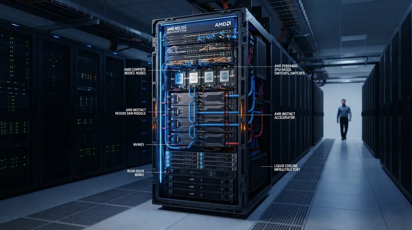 AMD Helios rack-scale AI infrastructure system with GPUs, networking, and computing components.