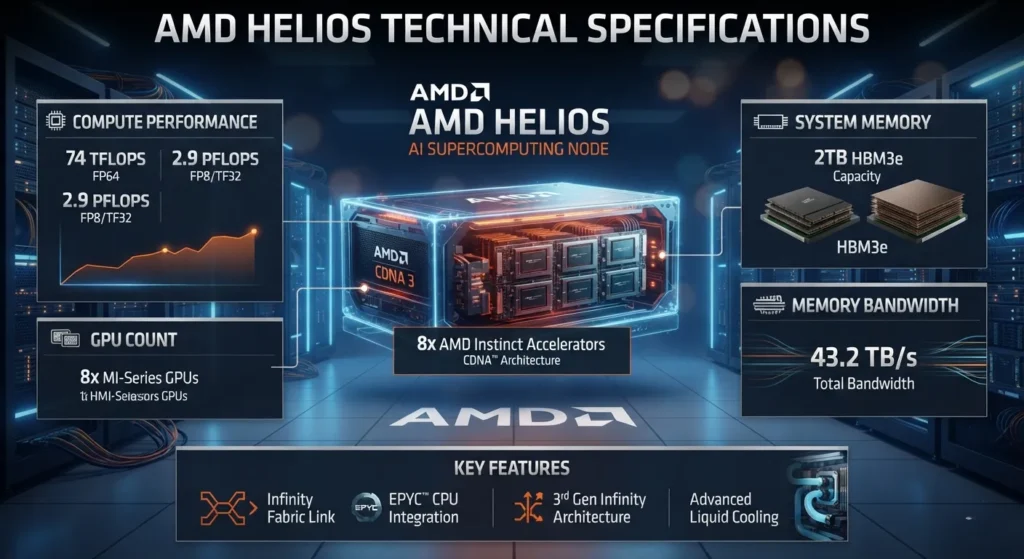 AMD Helios technical specifications infographic showing GPUs, memory, and bandwidth.