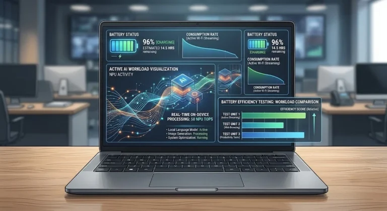 Illustration representing AMD Ryzen AI 7 445 battery efficiency in AI laptops.