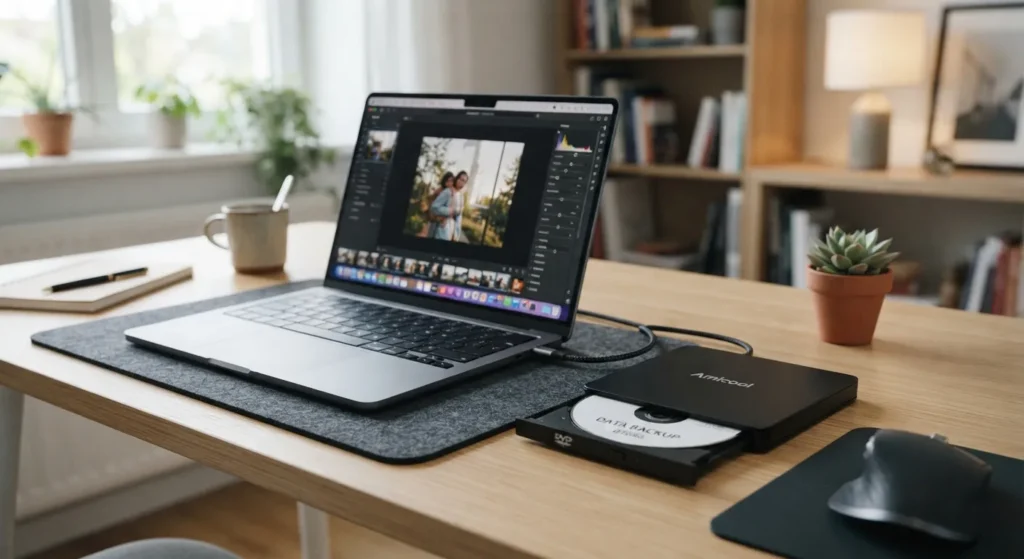 Compact external DVD writer connected to a laptop. Amicool BT686 external DVD drive