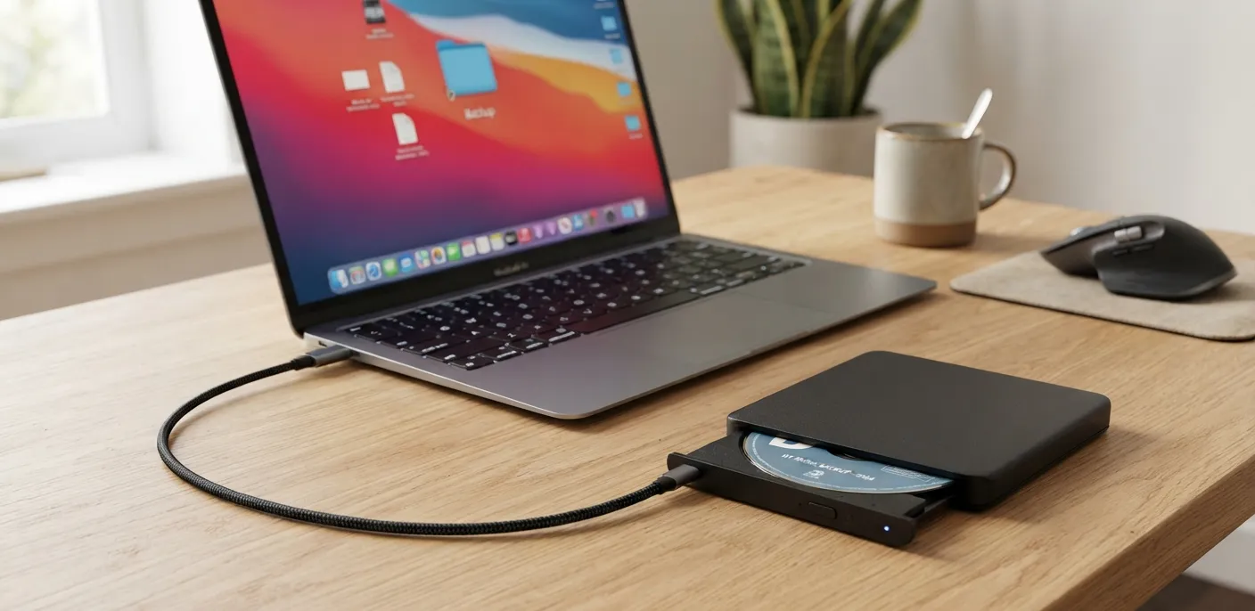 Portable external DVD drive connected to a USB-C laptop.