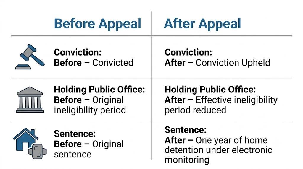 Comparison of the legal outcome before and after the appeal.