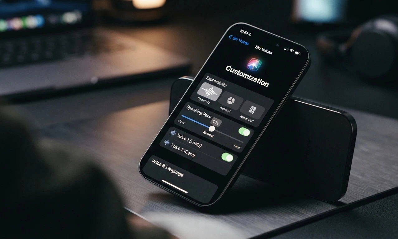iPhone showing Siri voice customization controls in iOS 27 with expressivity and pace settings.