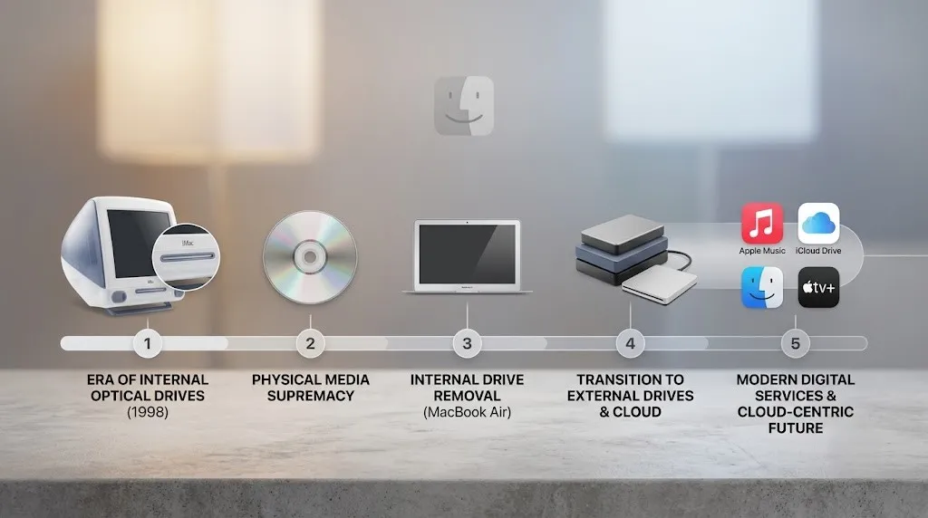 Timeline showing Apple transition from optical drives to digital media