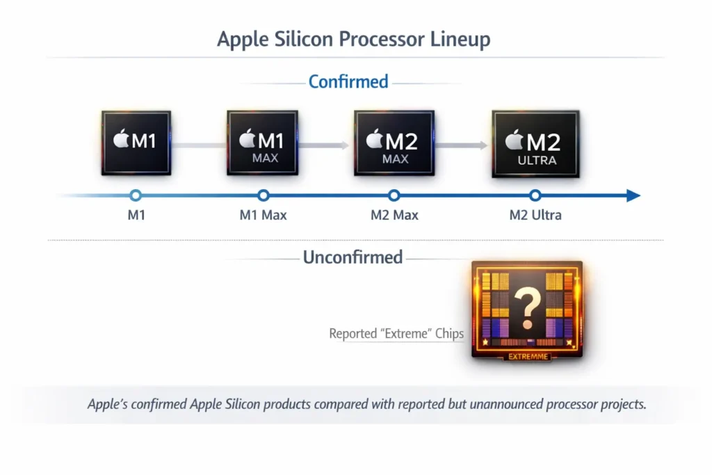 Apple Silicon timeline showing confirmed products and reported unconfirmed chips.