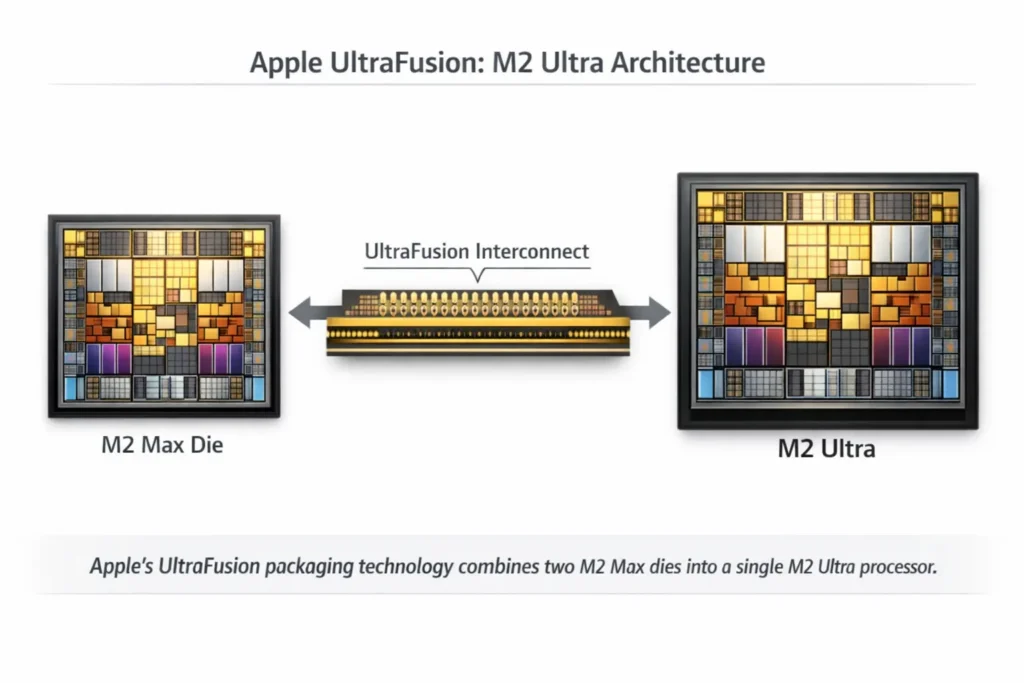 Diagram explaining how Apple UltraFusion connects two M2 Max dies into M2 Ultra. Apple M2 Extreme and M3 Extreme chips