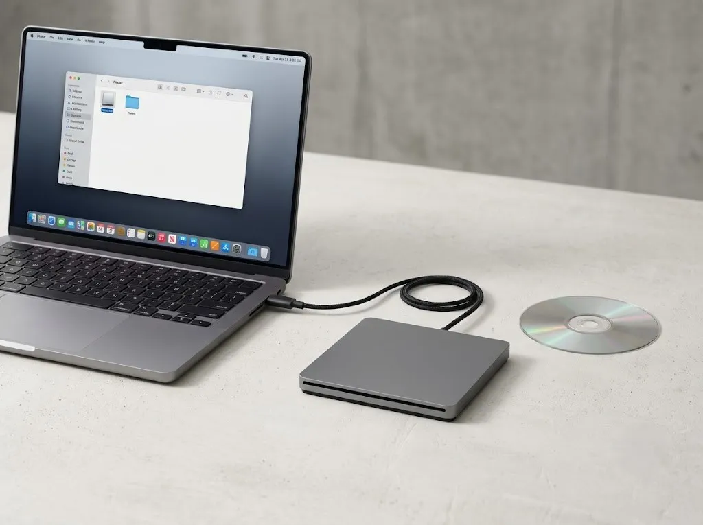 Apple USB SuperDrive connected to a Mac with DVD disc