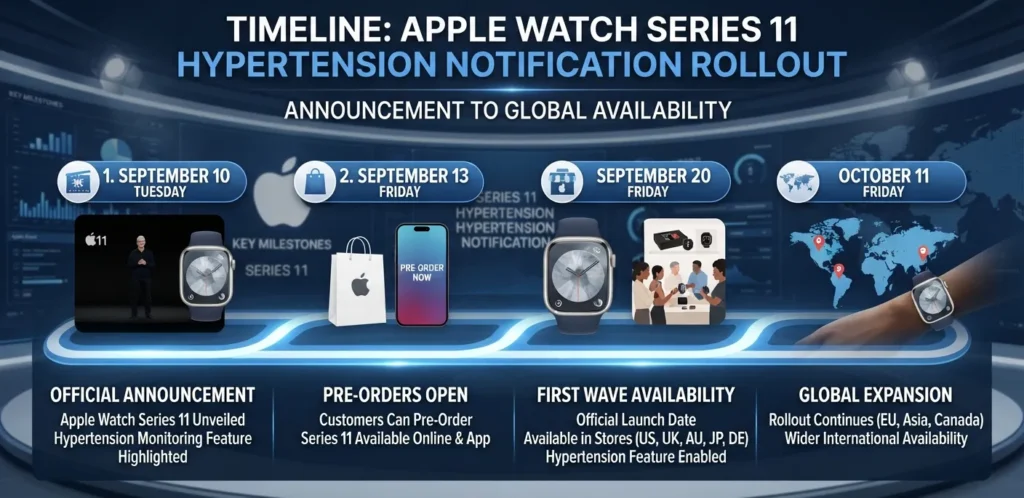 Timeline of Apple Watch hypertension notification rollout.
