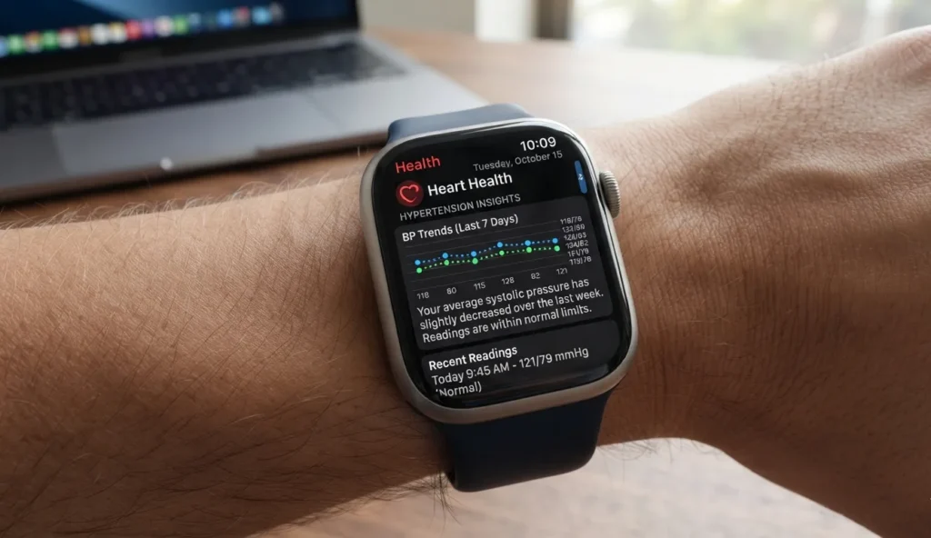 Apple Watch Series 11 showing a health monitoring interface. Apple Watch Series 11 hypertension notifications