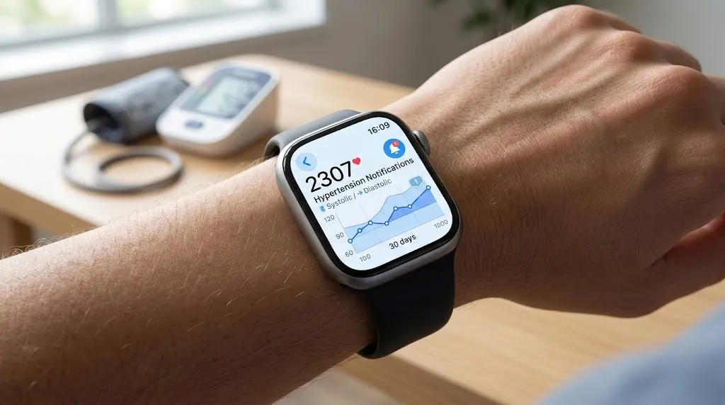 Apple Watch Series 11 displaying health monitoring features related to hypertension notifications.