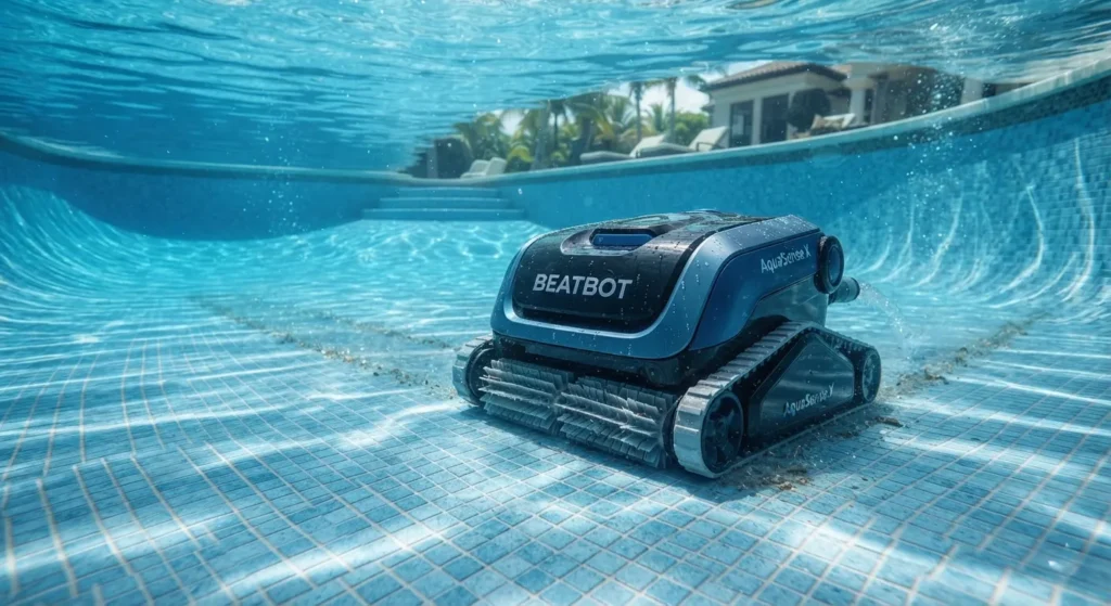 Beatbot AquaSense X cleaning the floor of a swimming pool.