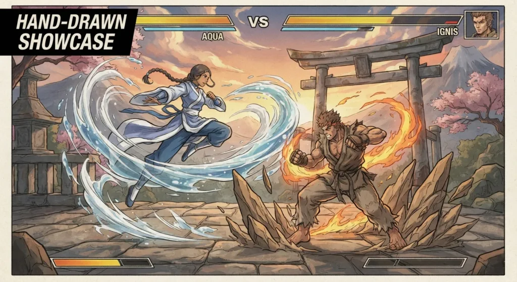 Illustration highlighting hand-drawn 2D fighting game visuals.