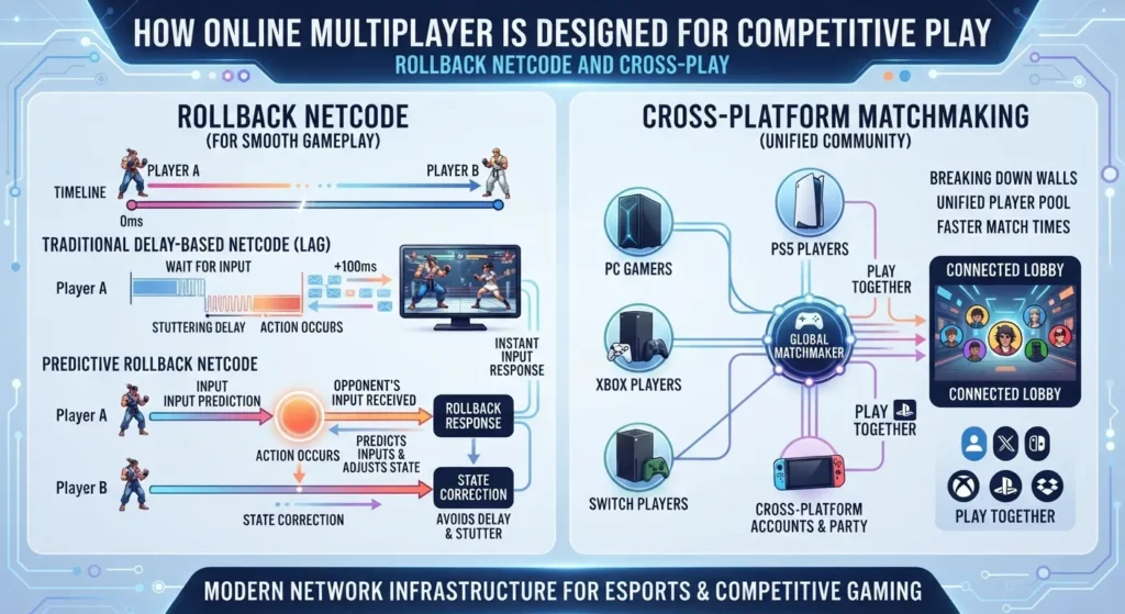 Infographic explaining rollback netcode and cross-play.