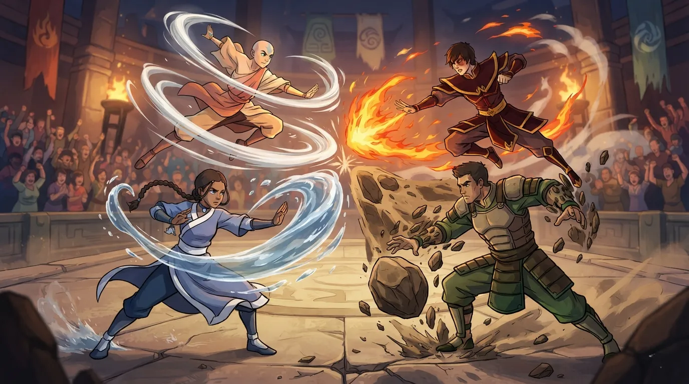 Illustration representing the hand-drawn combat style of Avatar Legends: The Fighting Game.