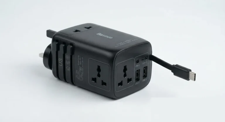 Baseus EnerCore CG11 universal travel adapter with retractable USB-C cable.