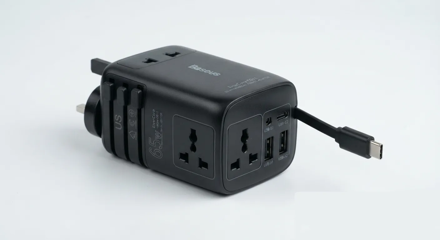 Baseus EnerCore CG11 universal travel adapter with retractable USB-C cable.