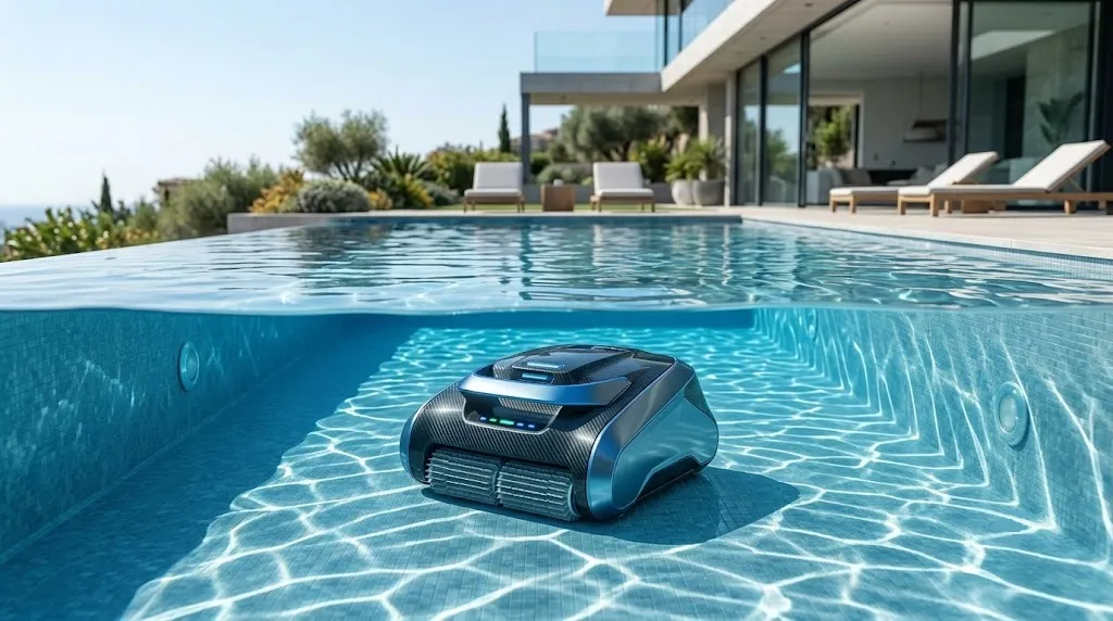 Beatbot AquaSense X robotic pool cleaner cleaning a residential swimming pool.