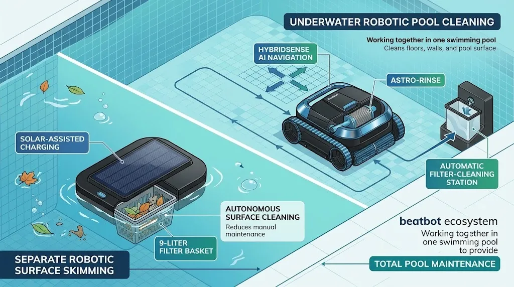Illustration of Beatbot's robotic pool maintenance ecosystem.
