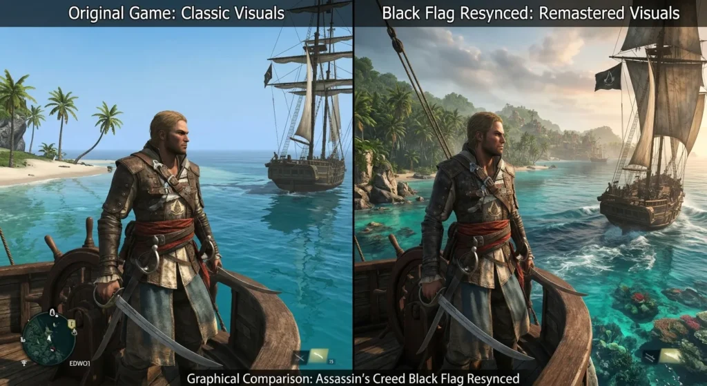 Comparison showing graphical improvements in Assassin's Creed Black Flag Resynced.