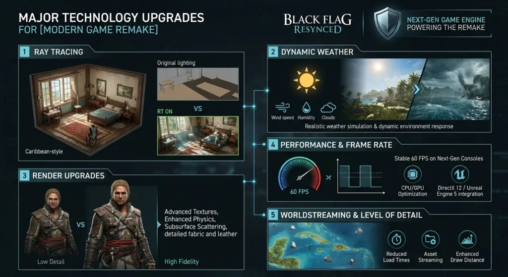 Infographic explaining Assassin's Creed Black Flag Resynced technical features.