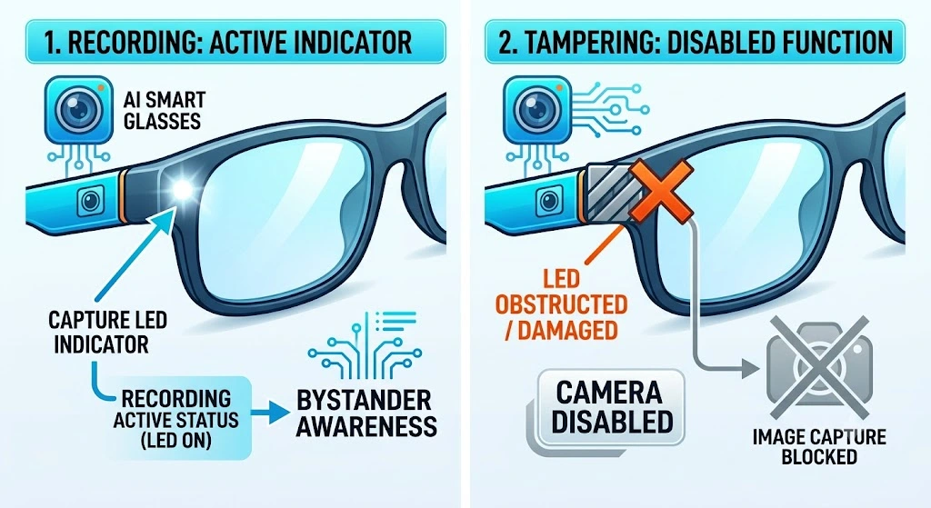 Illustration showing the capture LED on AI smart glasses.
