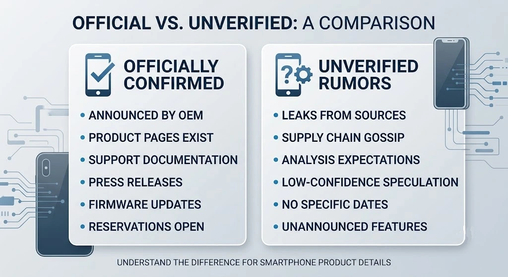Infographic comparing confirmed announcements with unverified rumors.