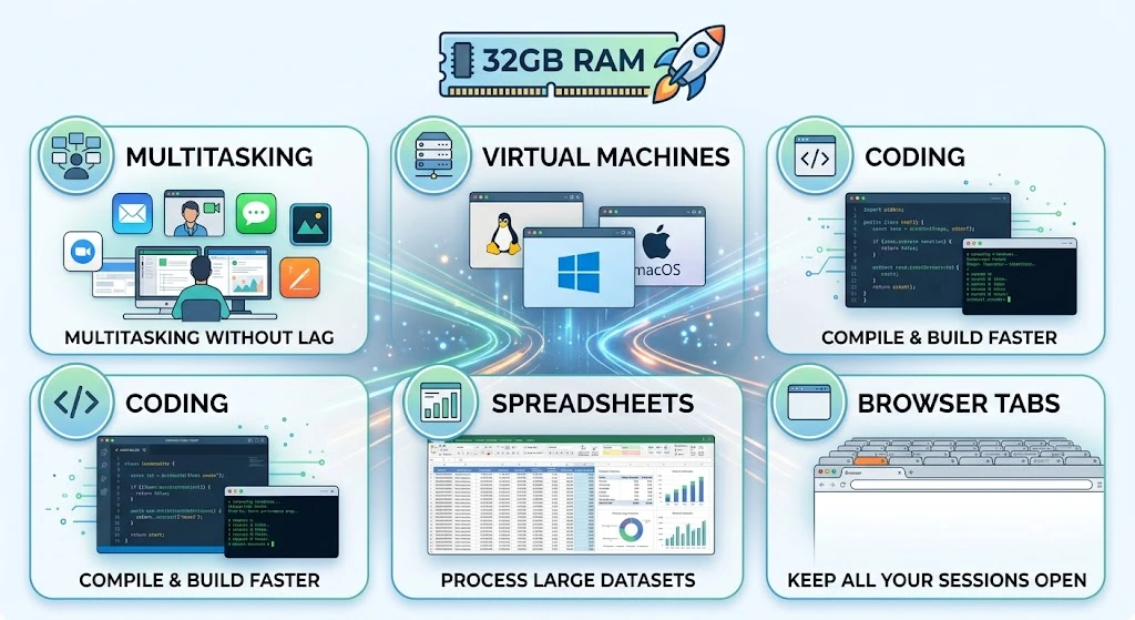 Illustration of productivity workloads benefiting from 32GB RAM.